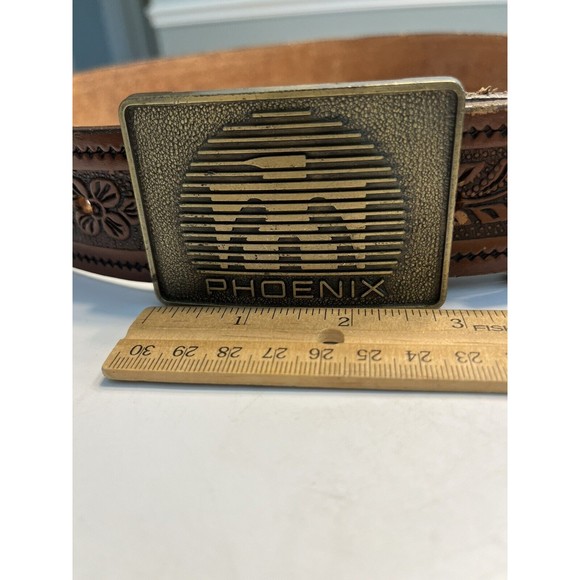 Vintage Brown Floral Embossed Leather Belt w Phoenix Bird Belt Buckle Marked 38 - Picture 12 of 14